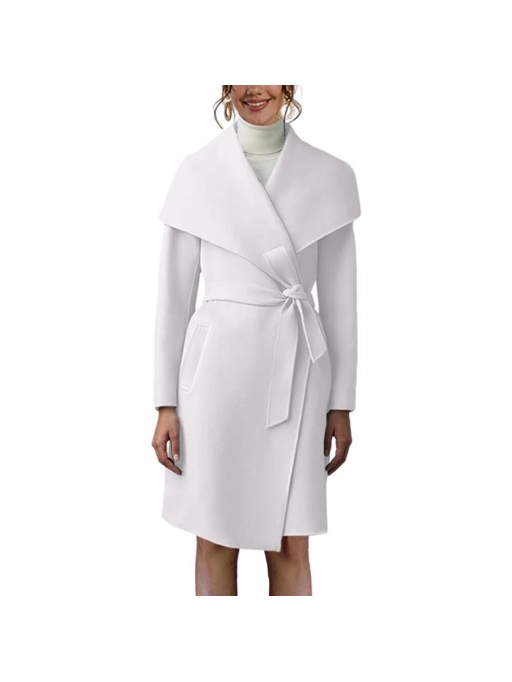 Women's White Pea Long Jacket Open Front Belted Overcoat With Trench Coat